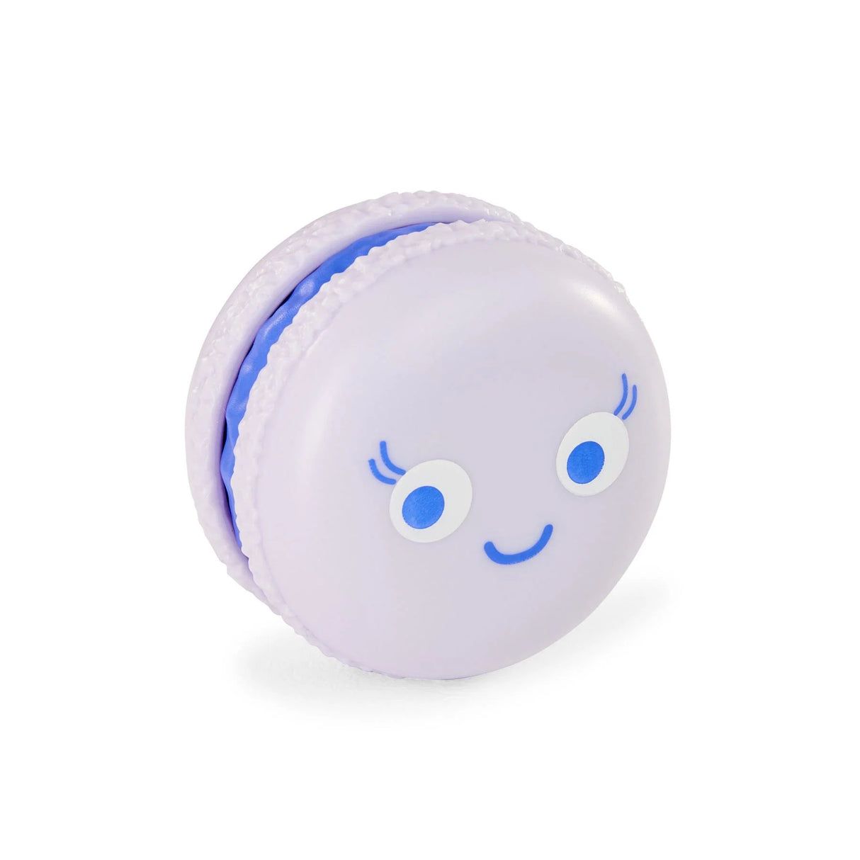 Lilac purple kawaii macaron fidget toy with a happy blue eyed face