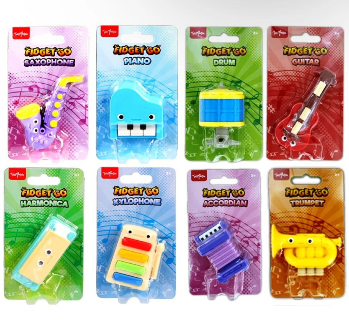 Fidget Go musical instrument fidget toys full range, all 8 designs in packaging