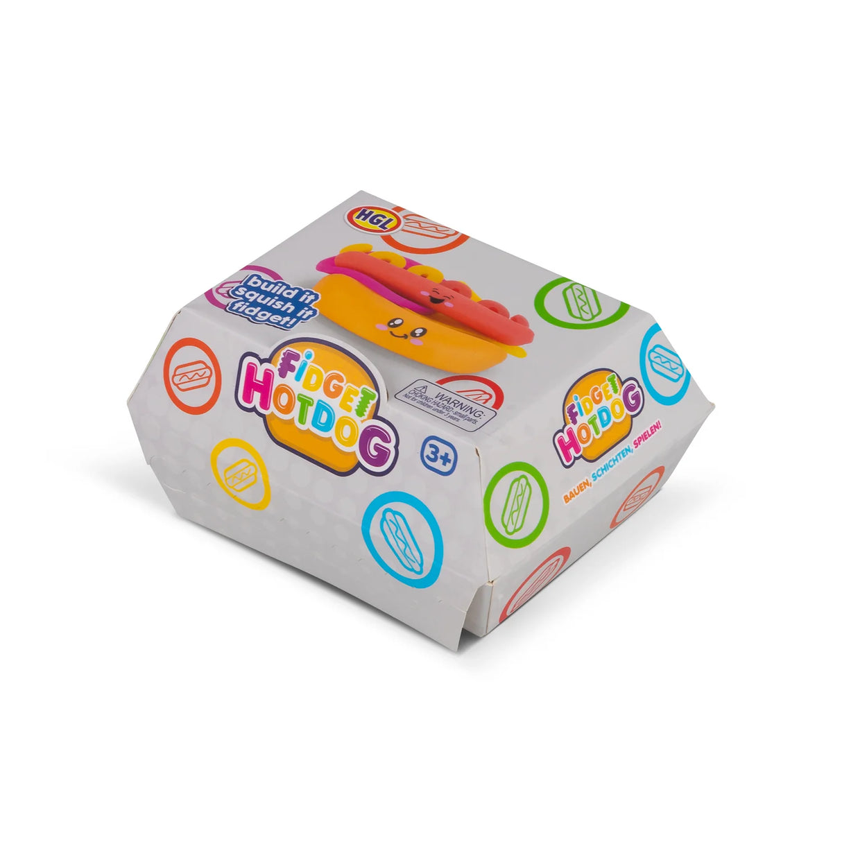 HGL Fidget Hotdog retail box angled view, build it squish it sensory toy packaging