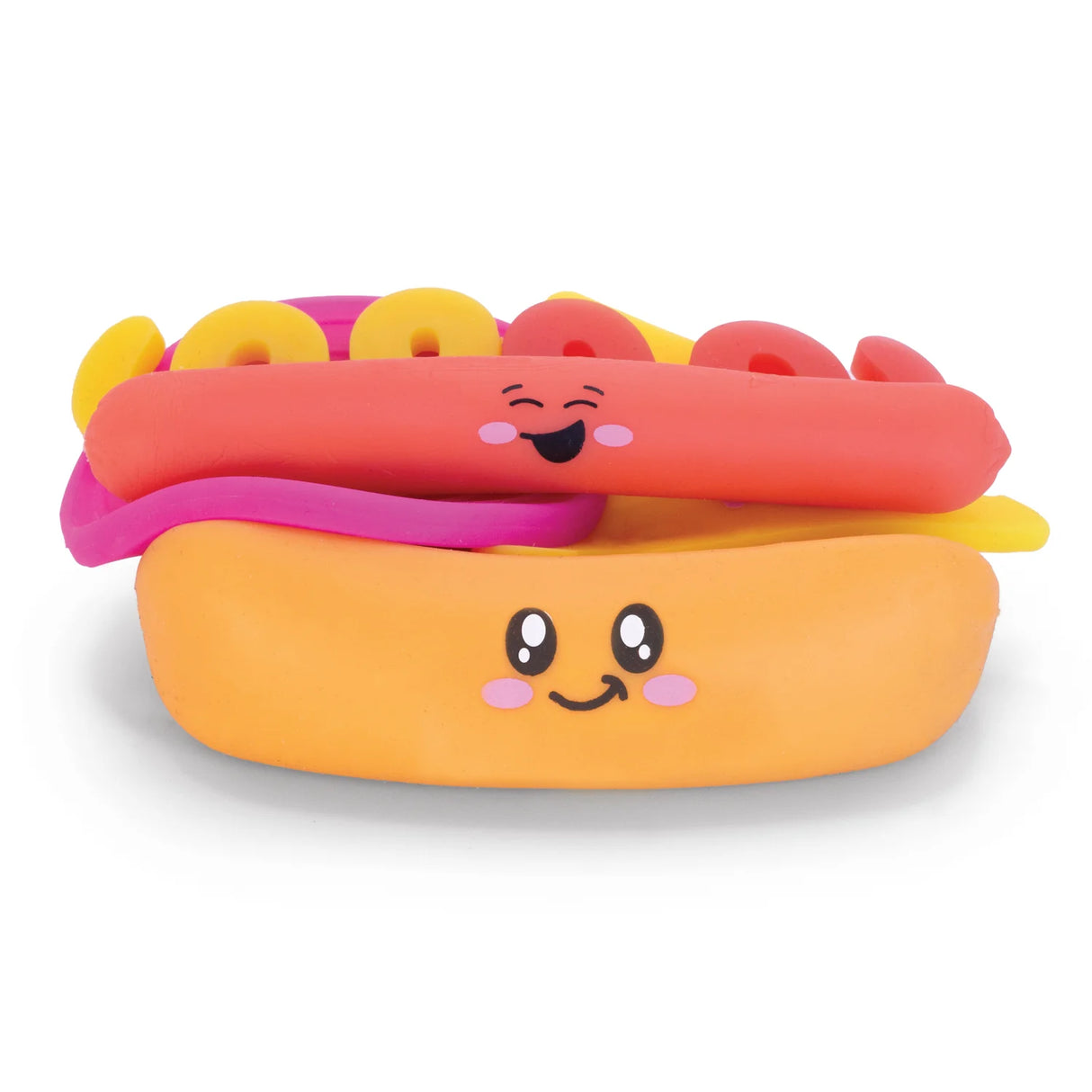 Squishy fidget hotdog toy with pink yellow and red toppings, build and squish sensory toy