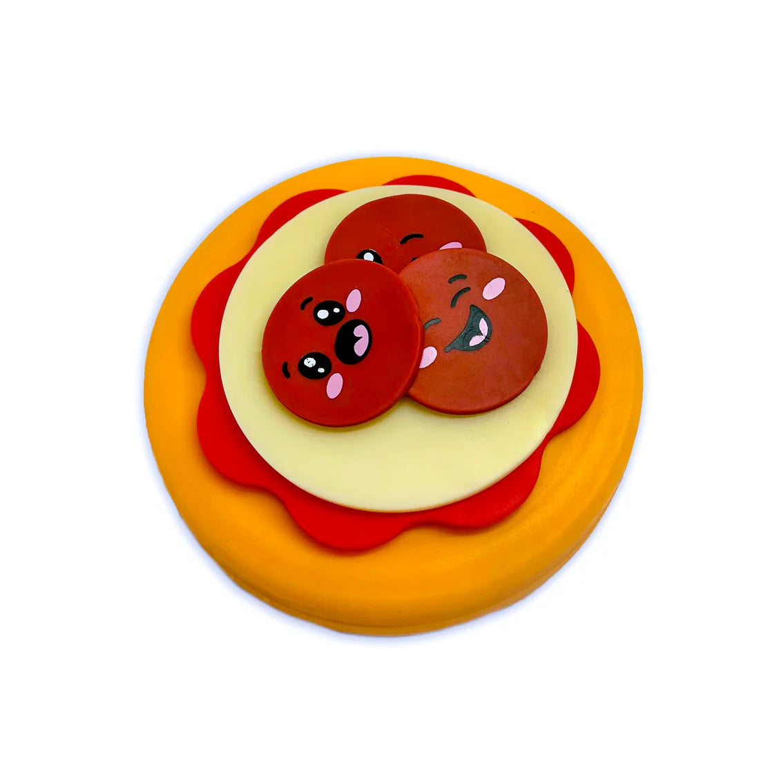 Assembled squishy fidget pizza toy with pepperoni pieces stacked, sensory build toy