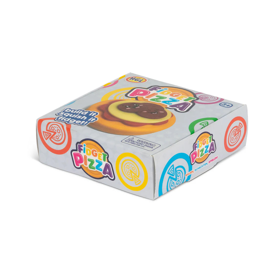 HGL Fidget Pizza box angled view, colourful squishy pizza sensory fidget toy packaging