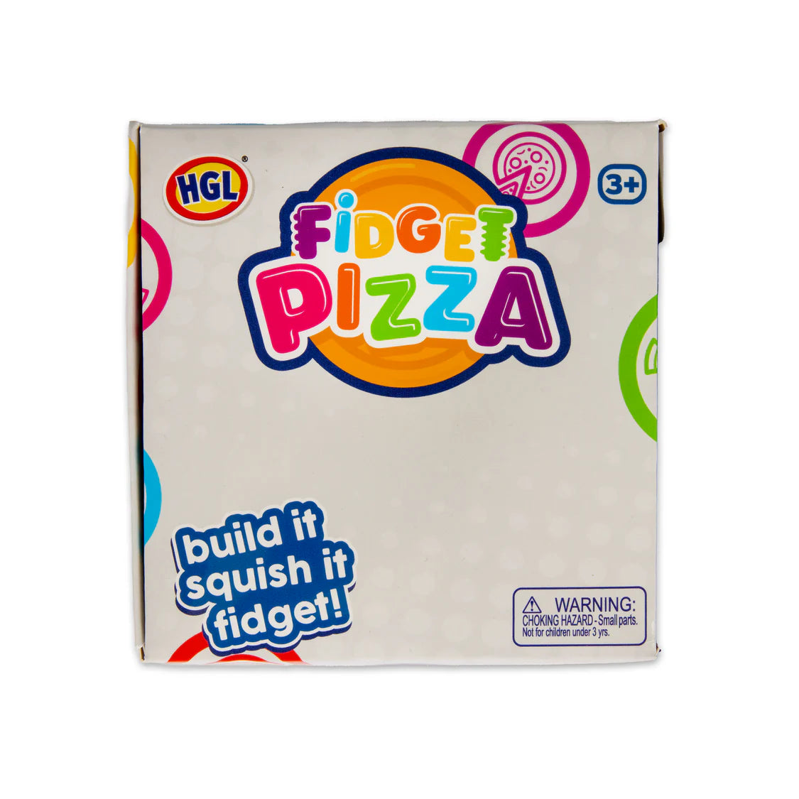 HGL Fidget Pizza retail box front, build it squish it fidget sensory toy packaging