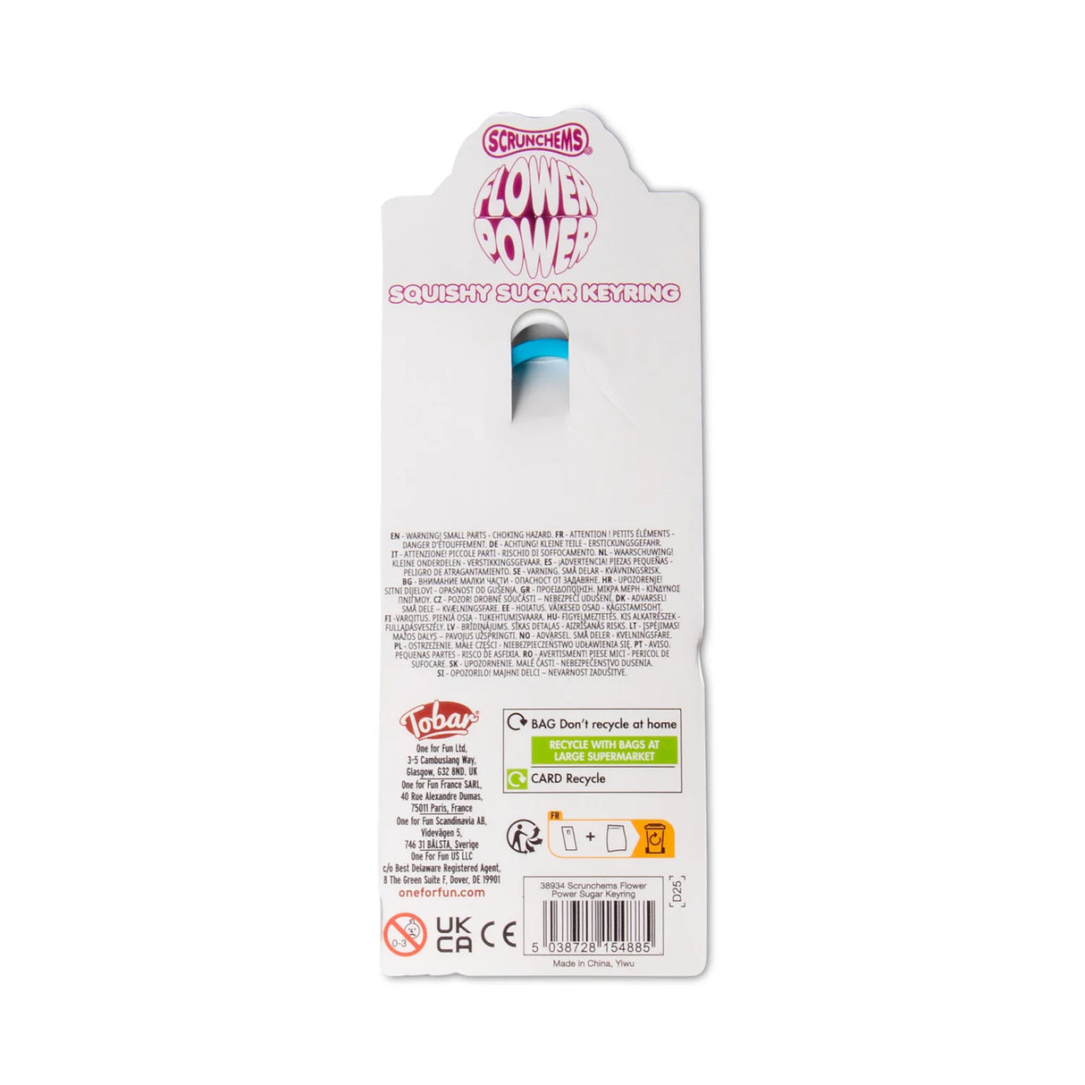 Rear of Scrunchems Flower Power squishy keyring packaging showing product details