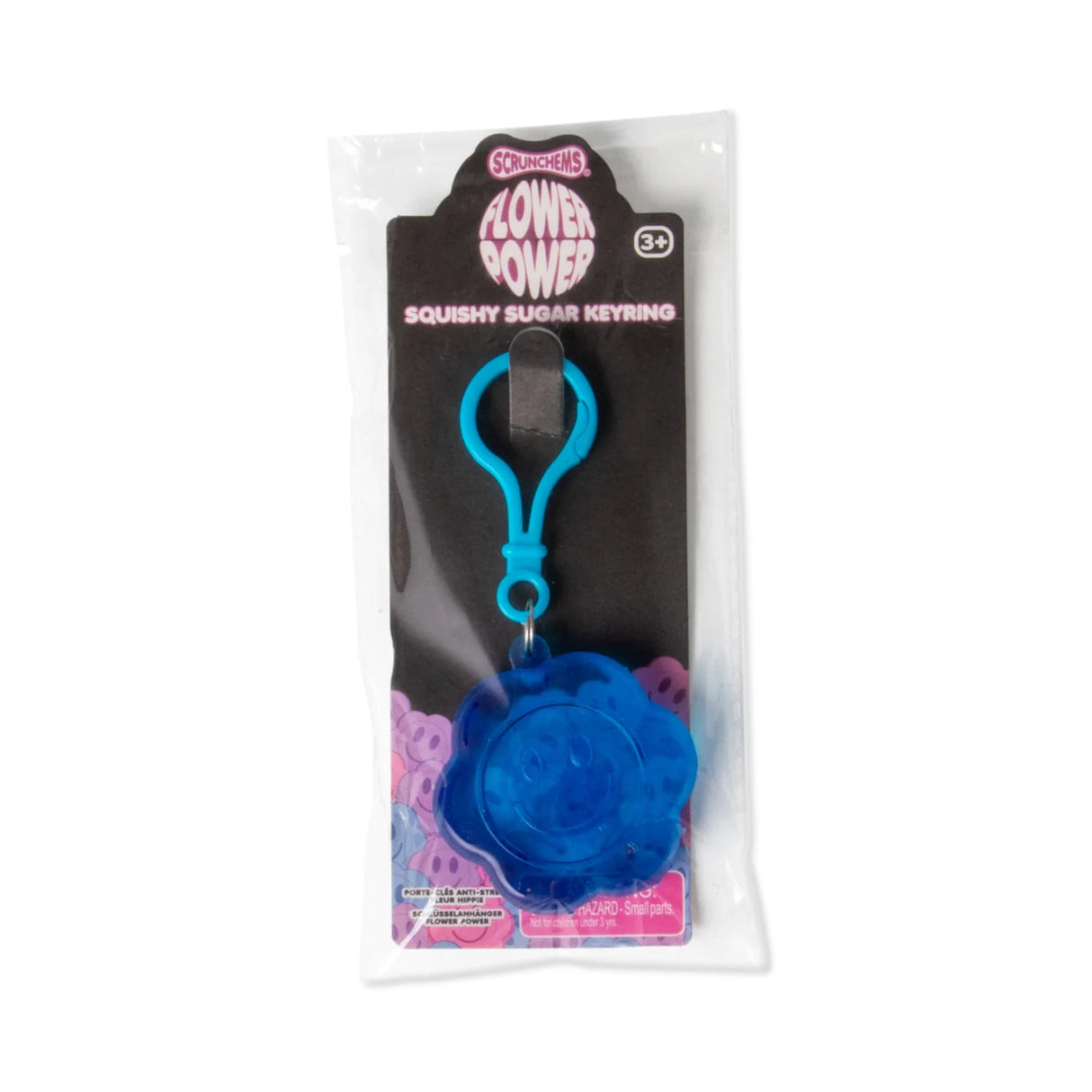 Blue Scrunchems Flower Power squishy sugar keyring on retail card packaging