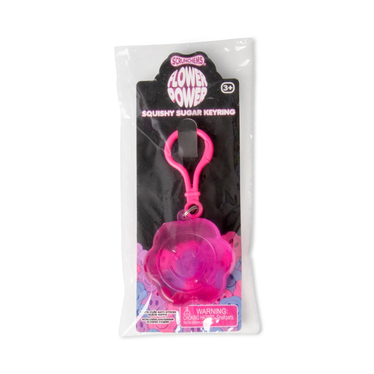 Hot pink Scrunchems Flower Power squishy sugar keyring on retail card packaging