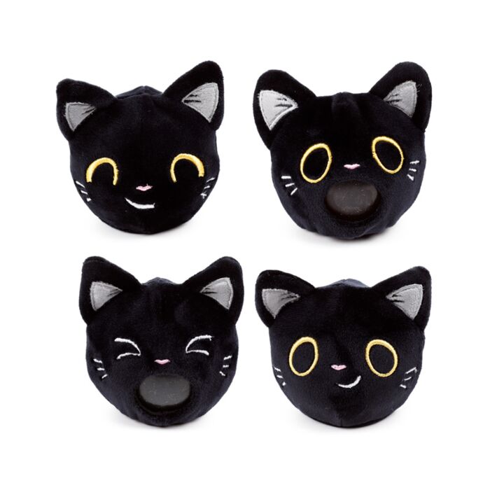 Fortune Squeezies Lucky the Black Cat magic fortune teller plush squeezy toy showing four different embroidered facial expressions on white background