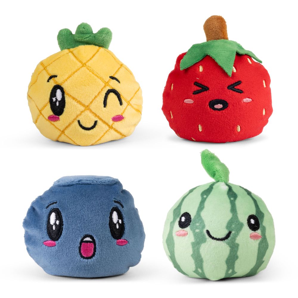All four Fruit Squishy Plushies kawaii sensory fidget toys pineapple strawberry blueberry and watermelon on white background