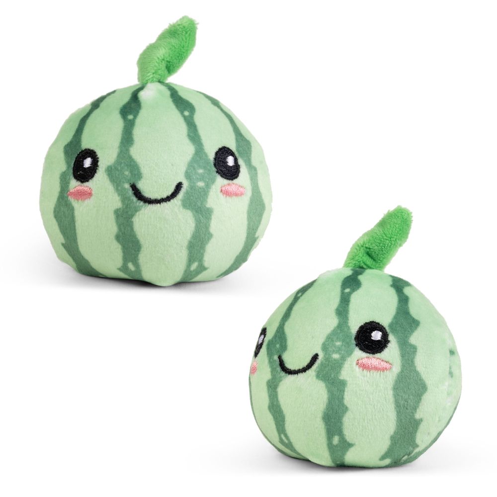 Two kawaii watermelon Fruit Squishy Plushies showing size and soft plush detail sensory fidget toy