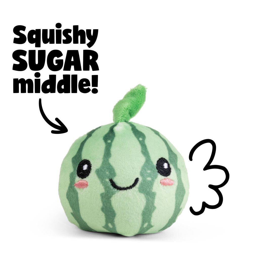Kawaii watermelon Fruit Squishy Plushie showing squishy sugar-filled centre sensory fidget toy