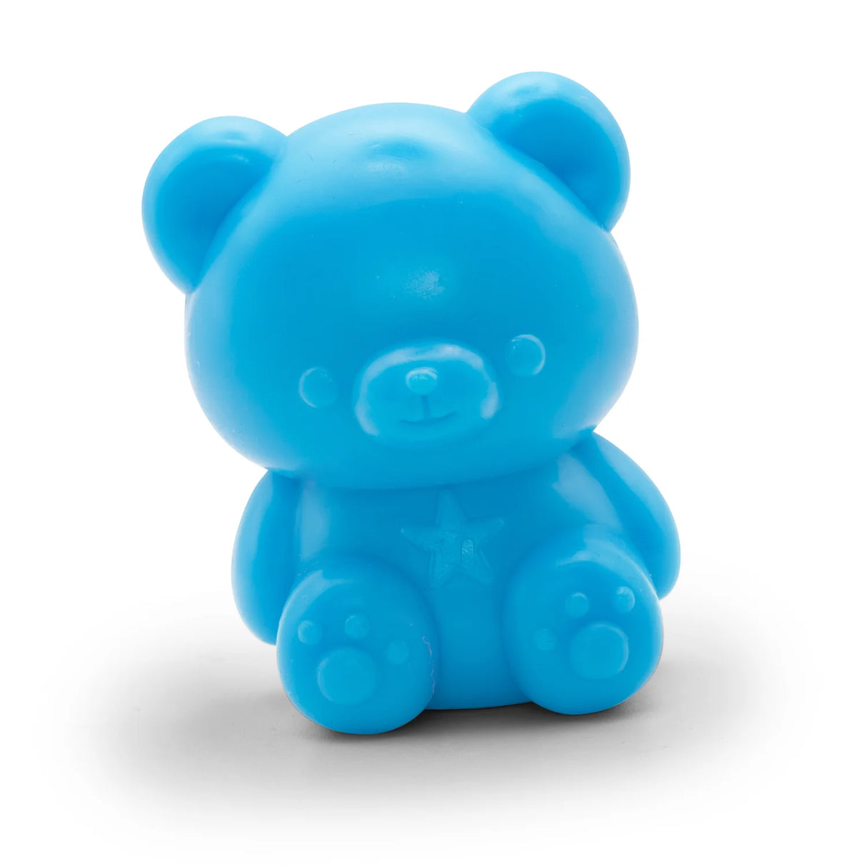 Neon blue fruity squish bear sitting on white background