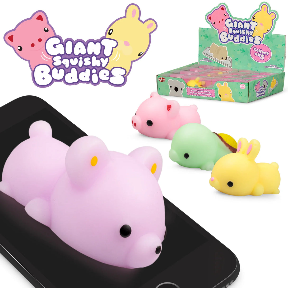 All giant squishy buddy designs displayed together alongside retail box with lilac bear on phone for scale