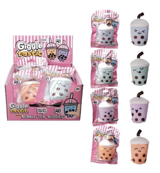 Giggletastic Bubble Tea Buddies retail display box with all four squishy variants shown in and out of packaging