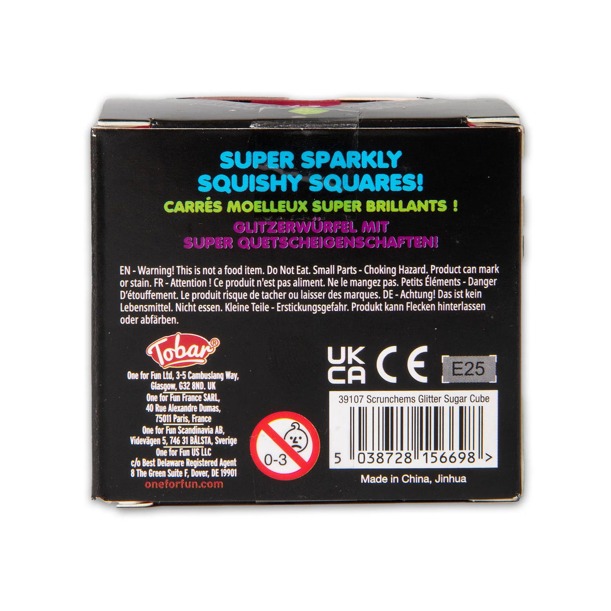 Back of Scrunchems Glitter Sugar Cube retail box showing product description and safety information