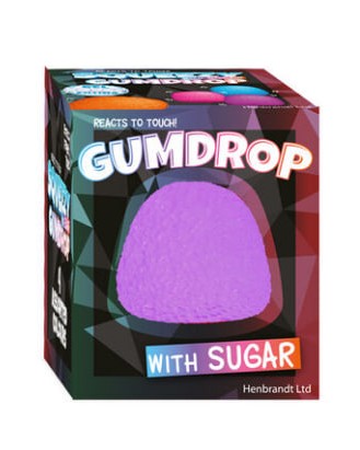 Purple Gumdrop with Sugar textured squishy squeeze toy in its retail box