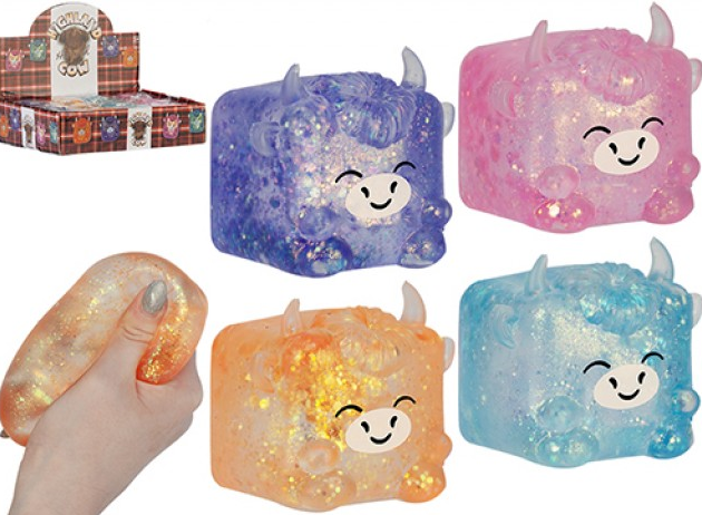 Hamish Highland Cow maltose squishies in purple, pink, orange and blue with tartan display box