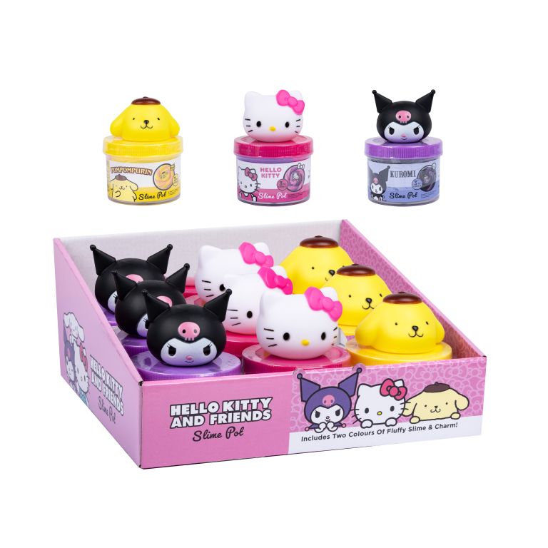 Hello Kitty and Friends Slime Pot sensory toy display, Kuromi, Hello Kitty, Pompompurin