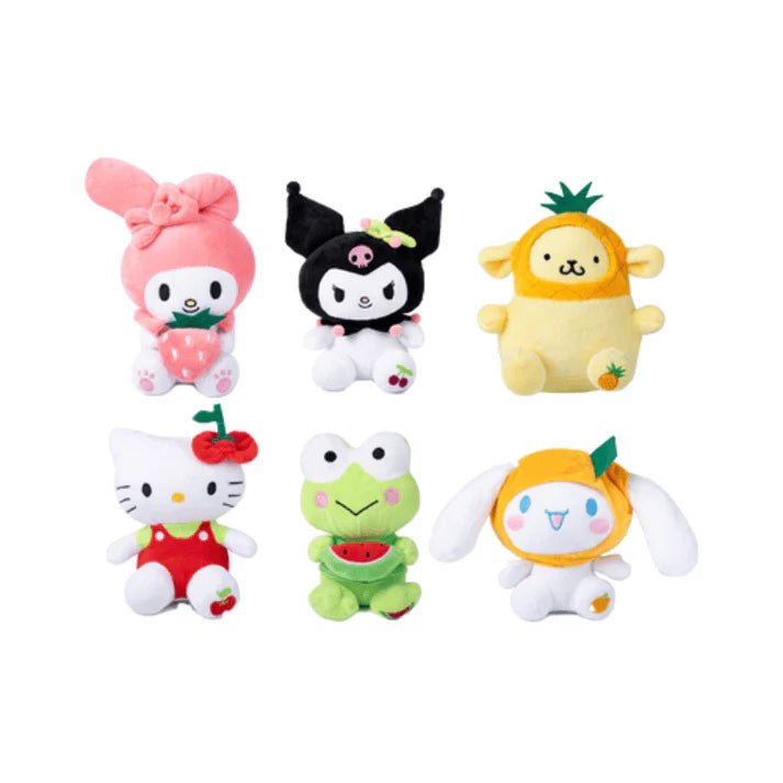 All 6 Hello Kitty and Friends Surprise Fruity Plush collectible characters My Melody Kuromi Pompompurin Hello Kitty Keroppi and Cinnamoroll in fruit costumes