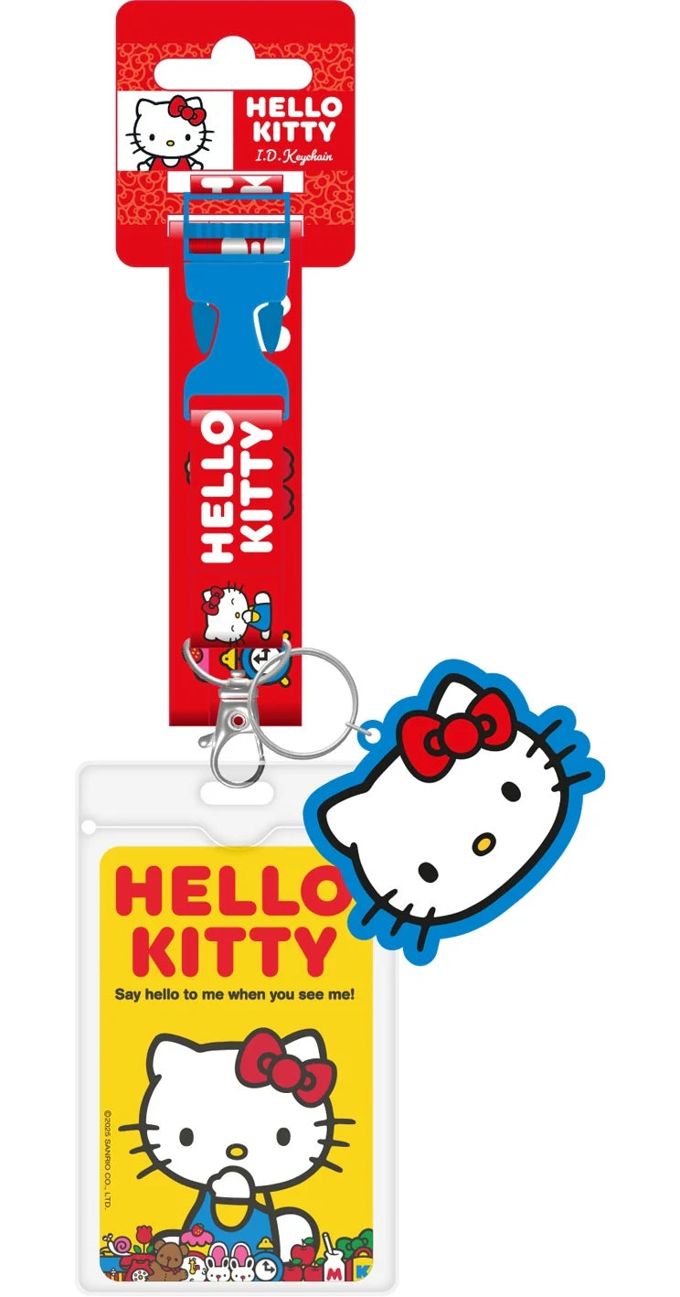 hello kitty red lanyard with yellow cardholder and blue-outlined face charm