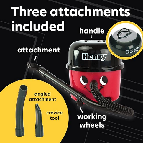 Henry Hoover mini desk vacuum red black showing three attachments and working wheels