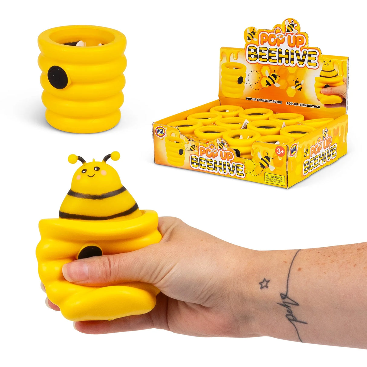 HGL Pop Up Beehive yellow squeeze toy with bee popping up, display box