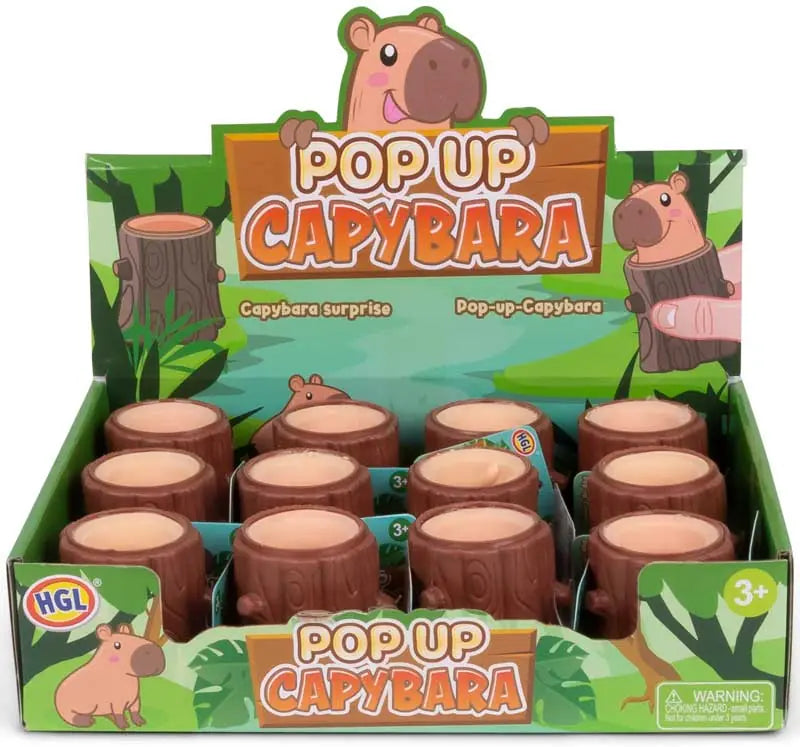 HGL Pop Up Capybara retail display box showing full range of log squeeze toys