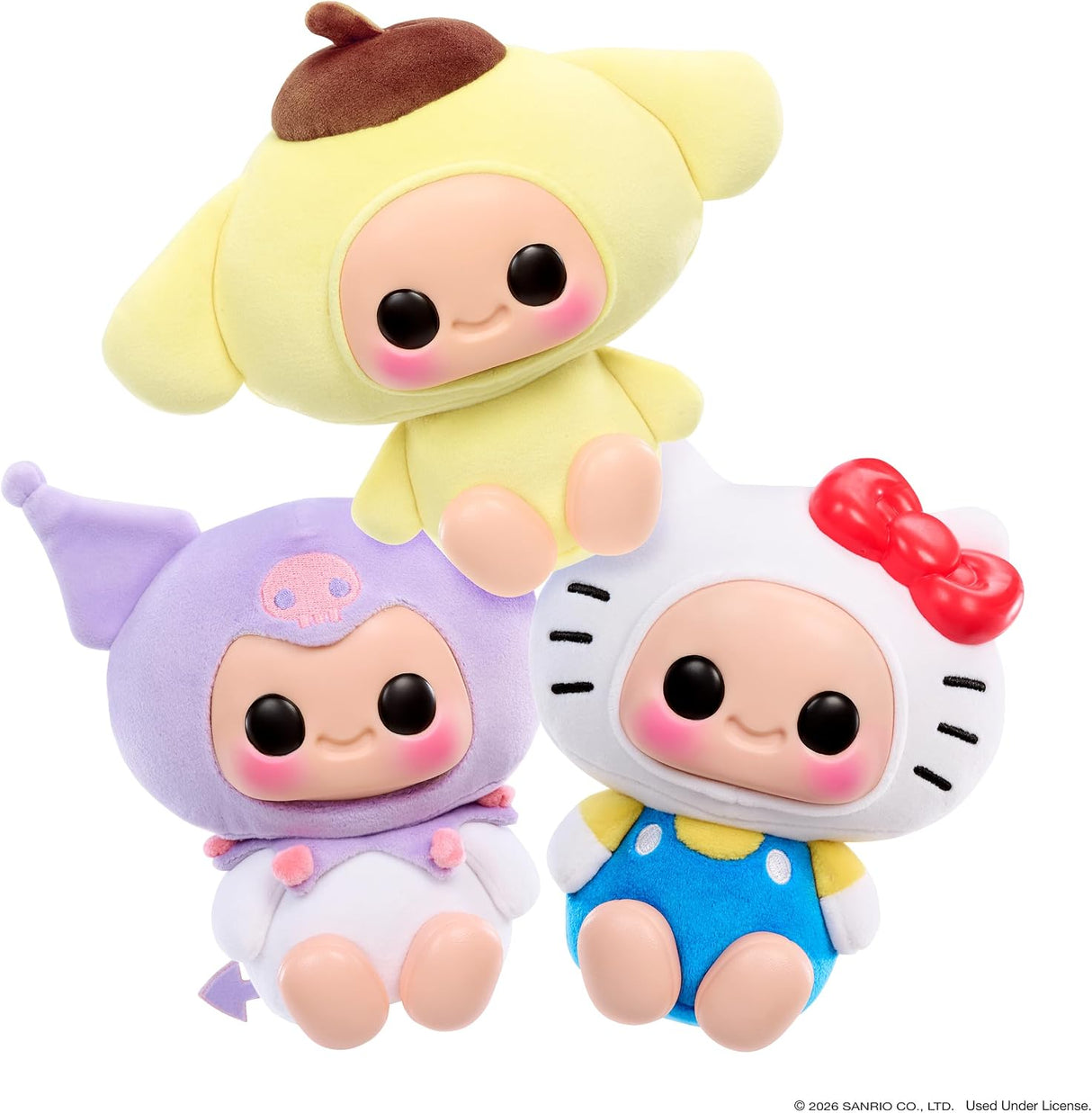 Three Hyojo squishy plush keychains, Hello Kitty Pompompurin and Kuromi sensory collectibles