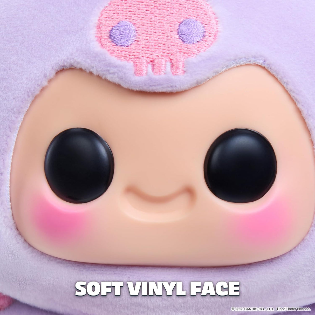 Close-up of Hyojo Kuromi squishy plush face, soft vinyl sensory keychain toy detail