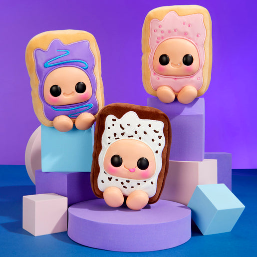 Hyojo Pop-Tarts Wild Berry, Frosted Cherry and Cookies & Crème squishy collectibles on display blocks