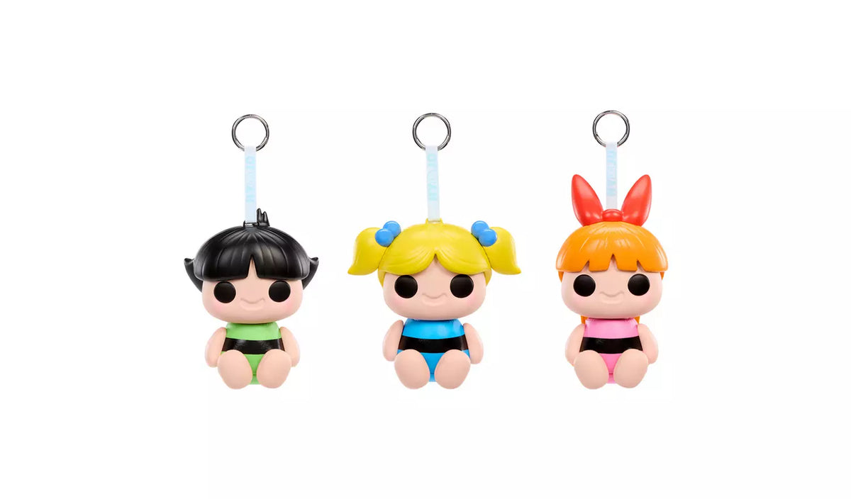 Hyojo Powerpuff Girls blind box squishy keychains showing Buttercup, Bubbles and Blossom figures