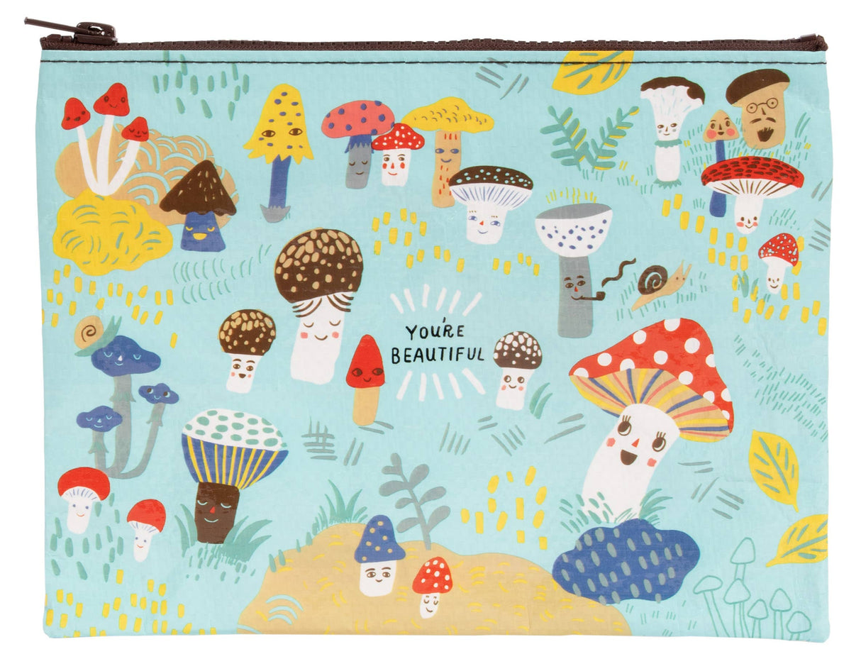 Incognito Cute Lil Mushrooms zip pouch with illustrated mushroom characters and You're Beautiful text on a blue background