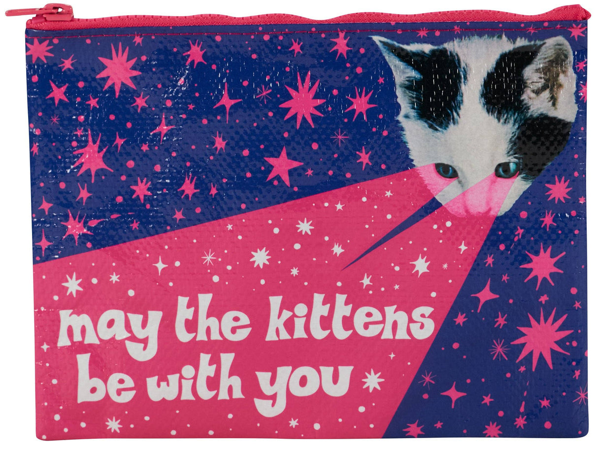Incognito May the Kittens Be With You zip pouch featuring a laser-eyed kitten on a navy and hot pink star-scattered background