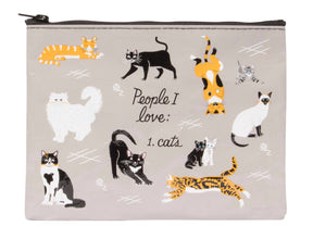 Incognito People I Love Cats zip pouch with illustrated cat characters and People I Love: 1. Cats text on a grey background