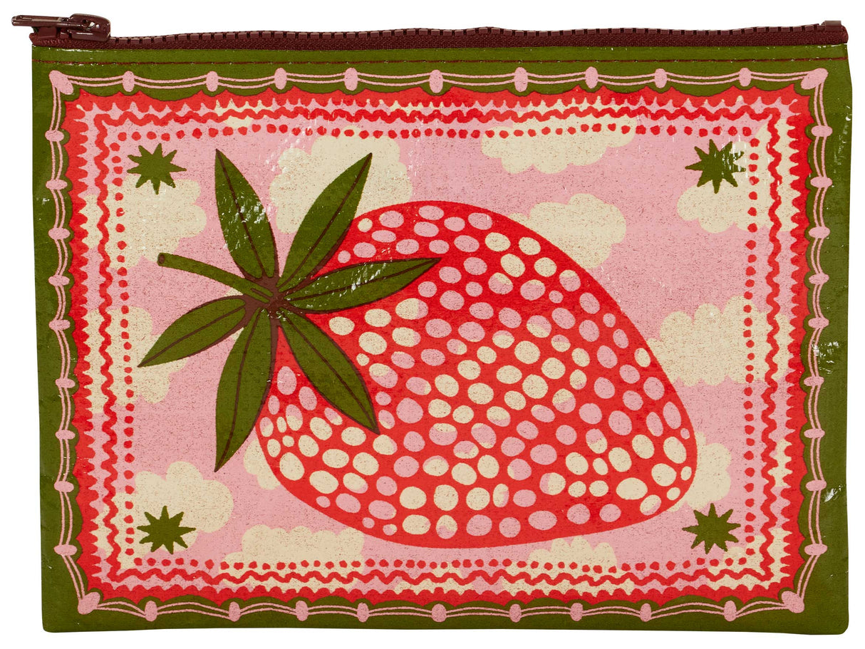 Incognito strawberry zip pouch with bold retro illustrated strawberry design in red, pink and olive green
