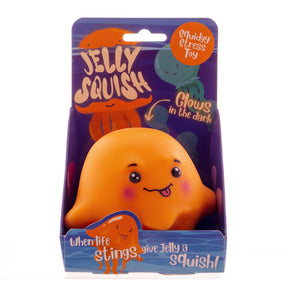 Front of the Jelly Squish purple gift box showing the orange jellyfish squishy and glow in the dark detail