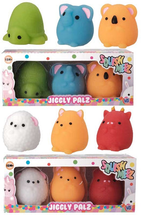 Jiggly Palz squishy animal 3-pack featuring turtle elephant koala sheep cat characters.
