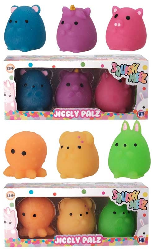 Jiggly Palz squishy 3-pack featuring bear unicorn pig octopus hamster and bunny characters.