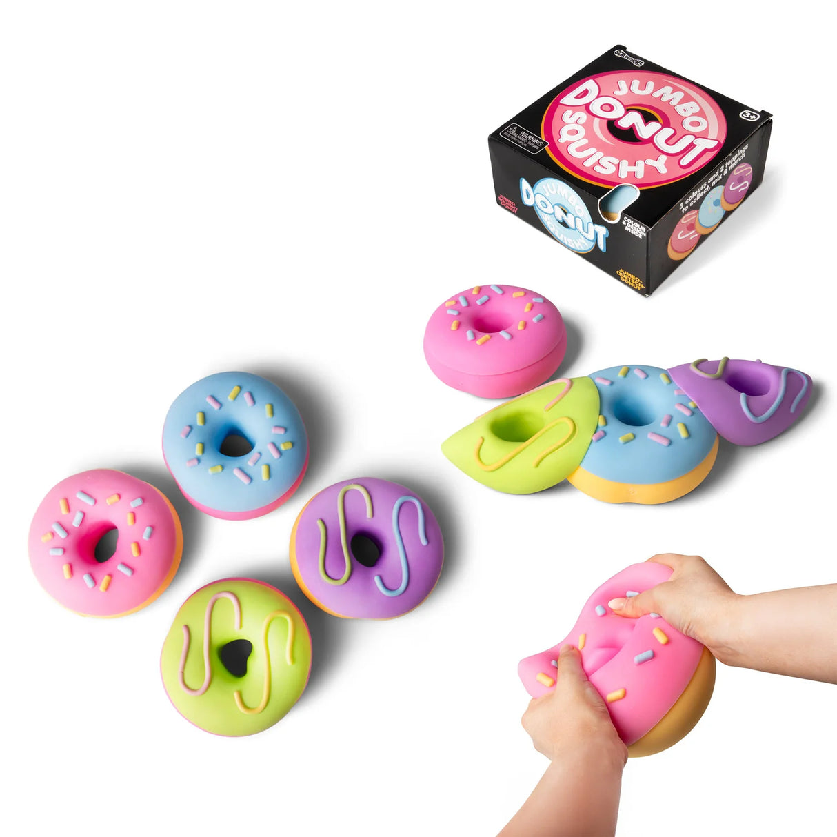 All four jumbo donut squishy designs displayed together alongside retail box and hands squeezing pink variant