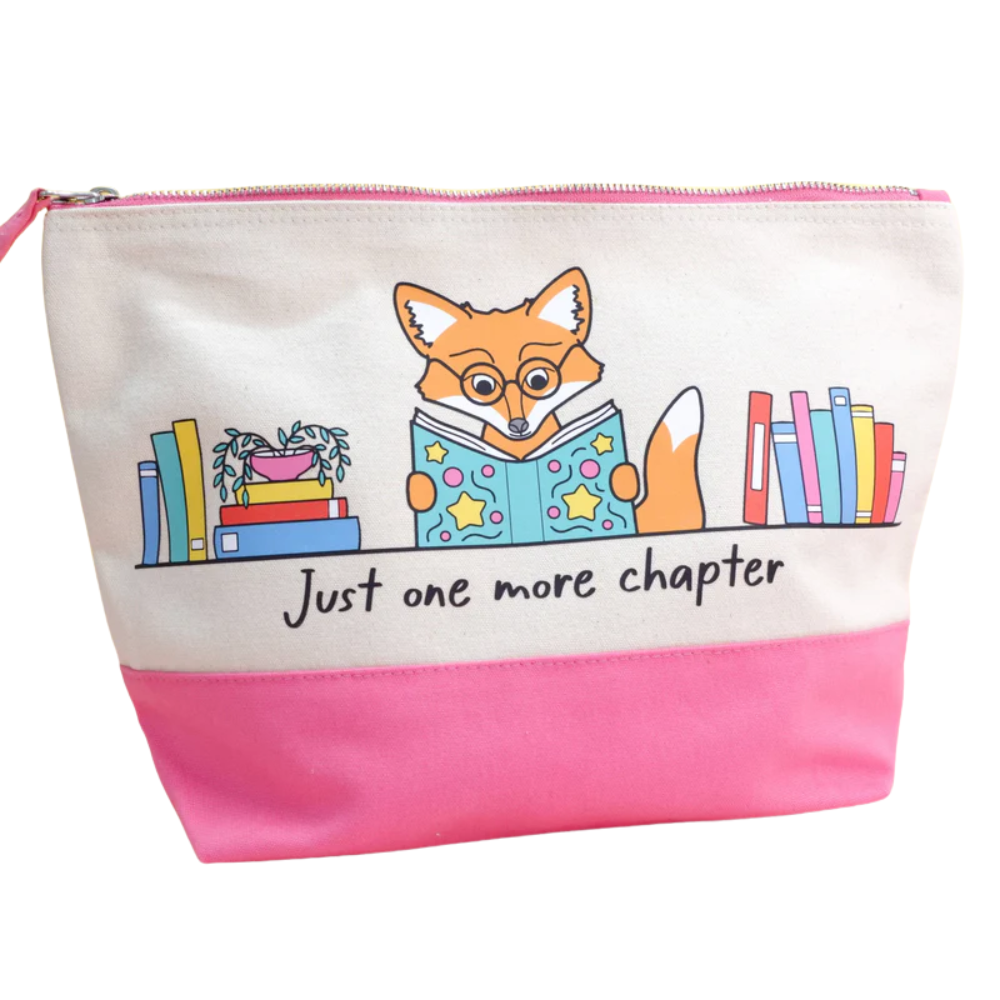 Just One More Chapter fox canvas pouch displayed on a white background showing full two-tone cream and pink design with bookshelf fox illustration