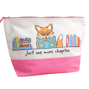 Just One More Chapter fox canvas pouch displayed on a white background showing full two-tone cream and pink design with bookshelf fox illustration