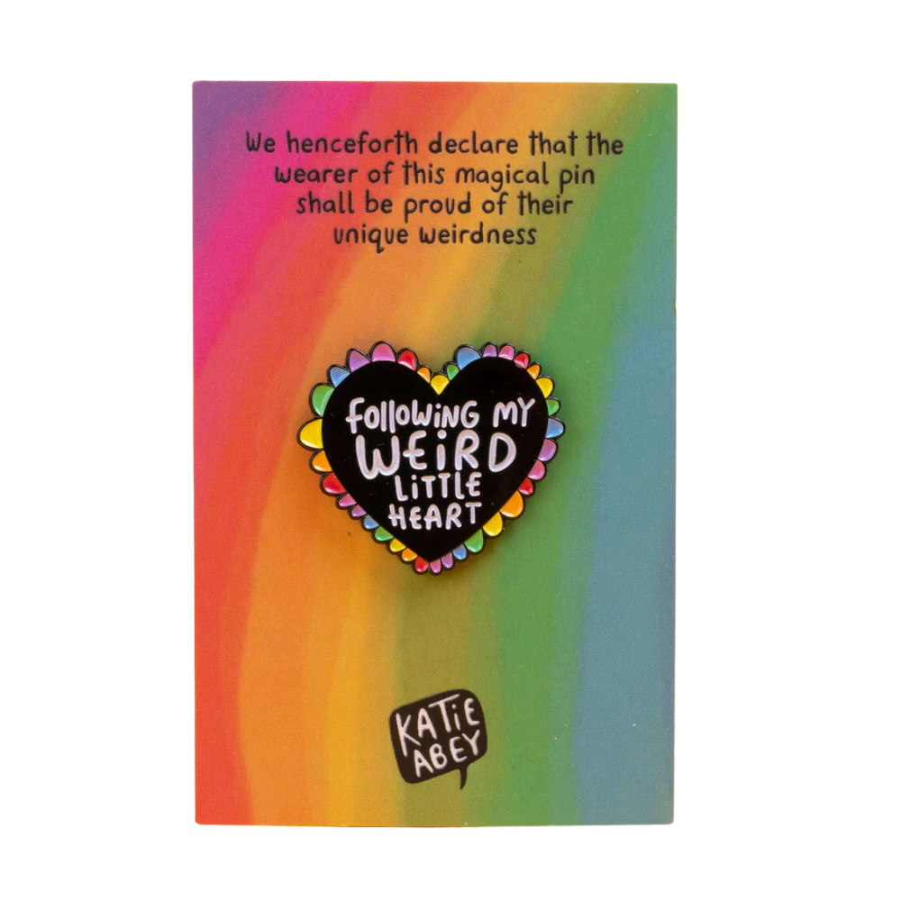 Katie Abey Following My Weird Little Heart soft enamel pin, rainbow backing card, white background