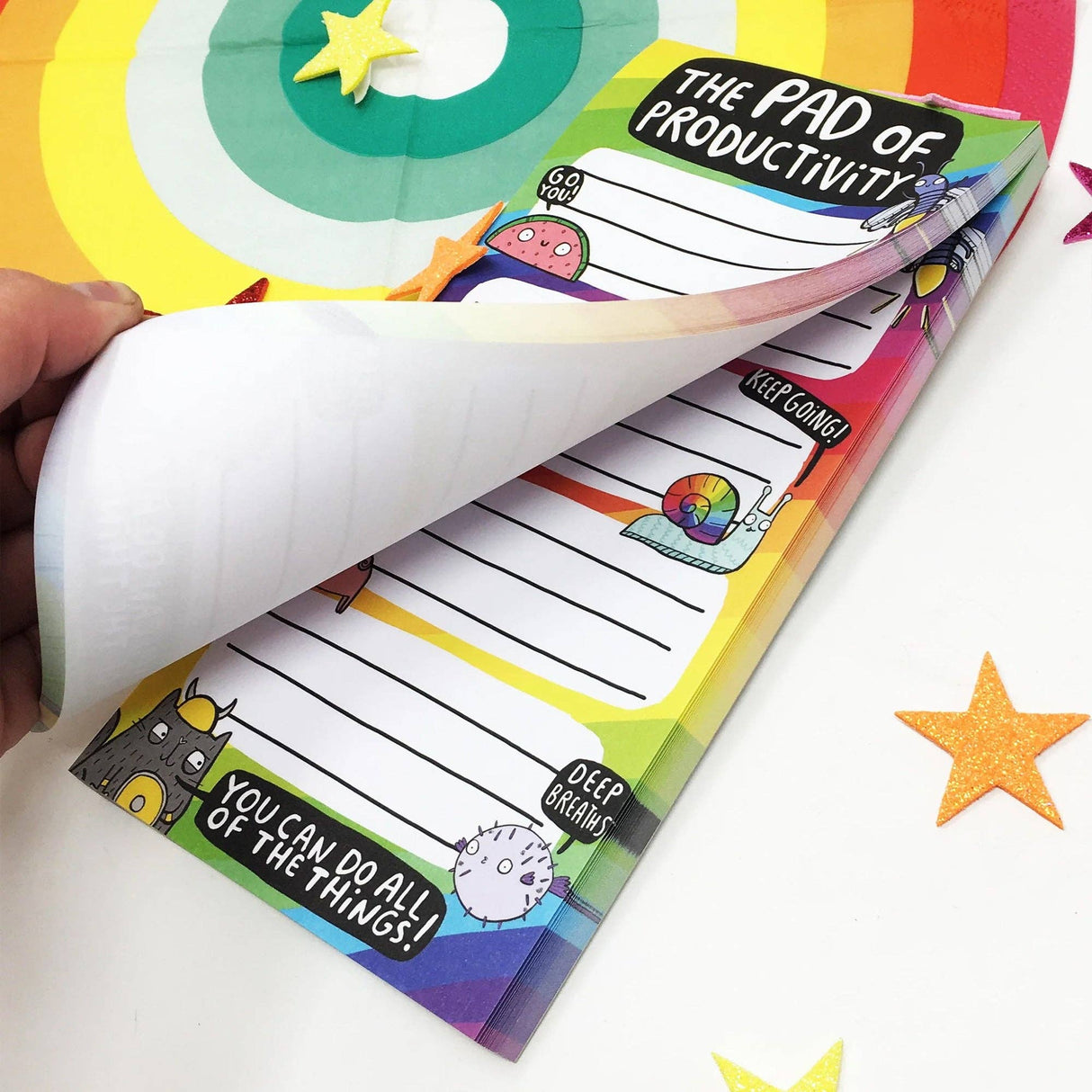 Katie Abey Pad of Productivity notepad with pages fanned, showing multiple sheets