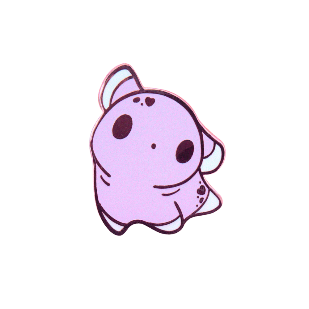 Kawaii purple axolotl hard enamel pin, white background product shot