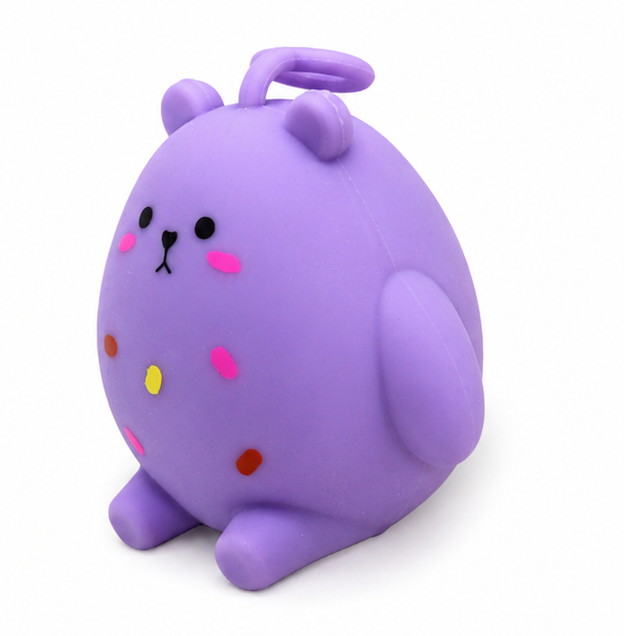 Purple kawaii bear squishy toy with colourful spots, sensory squeeze toy