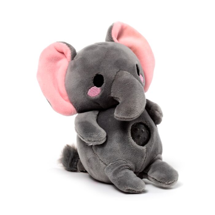 Kawaii elephant gel bead belly squeeze plush toy — a grey elephant soft toy with large pink ears, a curled trunk, pink blush cheek, and a dark gel bead window on the belly