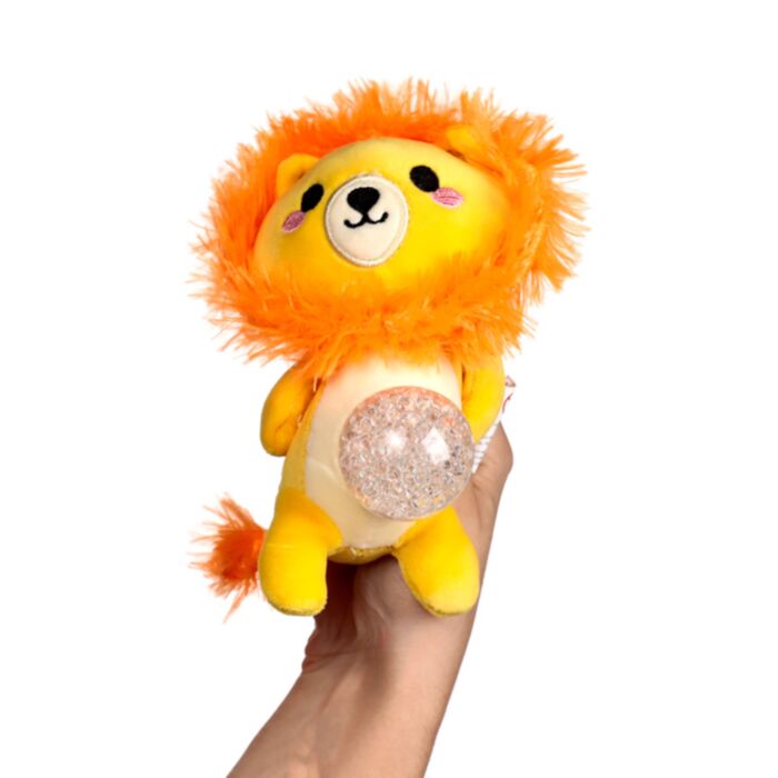 Kawaii lion gel bead belly squeeze plush toy being held in a hand with the clear gel bead belly pushed out, showing the fluffy orange mane and yellow body