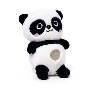 Kawaii panda gel bead belly squeeze plush toy — a black and white panda soft toy with embroidered facial features, pink blush cheeks, and a clear gel bead window on the belly