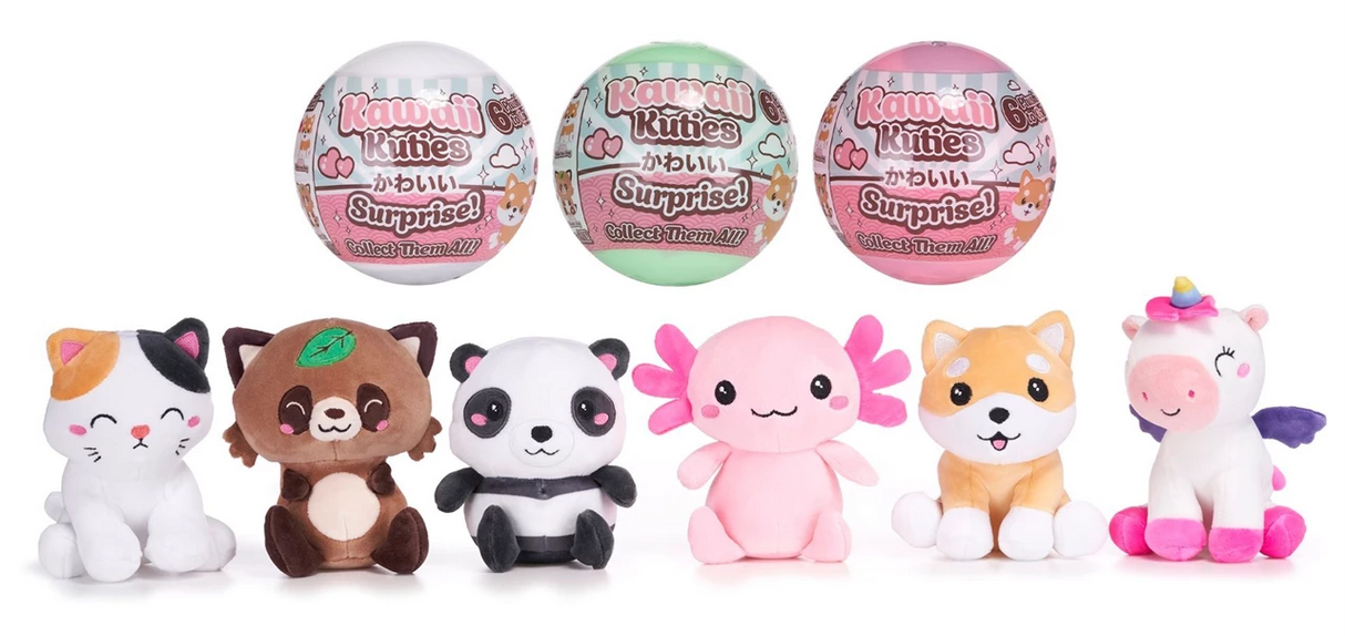 Three Kawaii Kuties surprise capsule balls displayed above all six Series 1 plush characters in a row