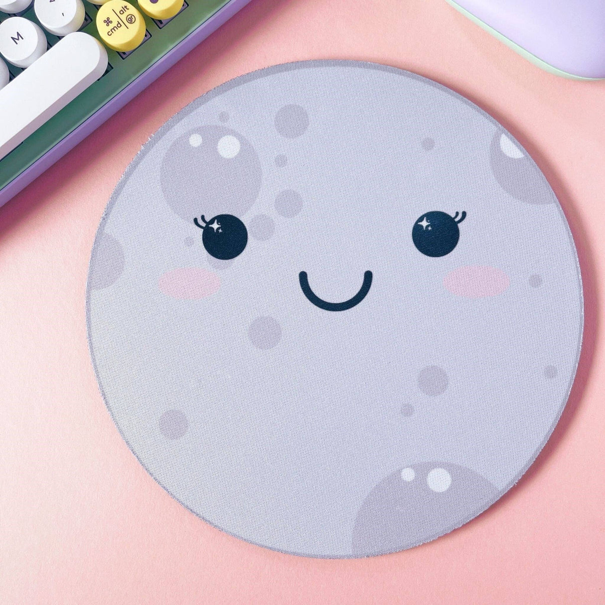Close-up kawaii moon face mouse pad, grey, cute desk accessory