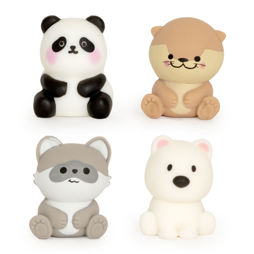 Set of four kawaii squishy animal fidget toys, panda otter raccoon polar bear sensory toys